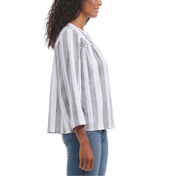 Splendid Linen Blend Top Women's Size M White Striped V-Neck 3/4 Sleeve Shirred - Picture 8 of 10
